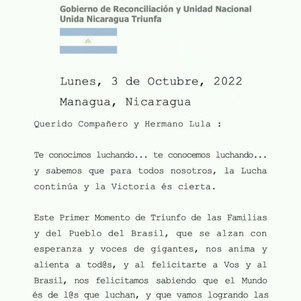 carta do ditador da nicaragua daniel ortega para lula 05102022012607601