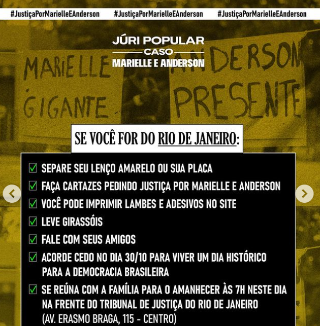 Foto retirada da rede social de filha de Marielle ,Luyara Franco, publicou fazendo chamada para o protesto que está ocorrendo em frente ao tribunal do juri.