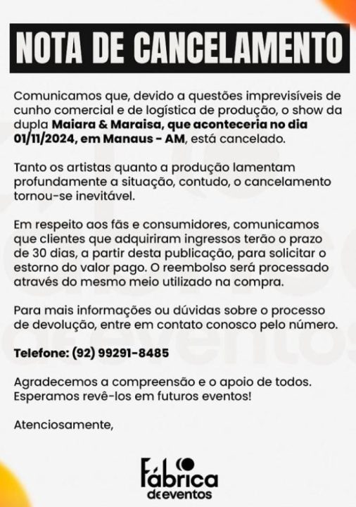 Show de Maiara e Maraisa em Manaus é cancelado 1 IMG 20241023 WA0196